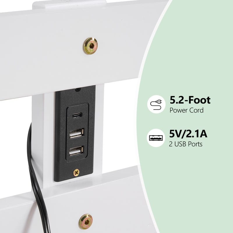 White Full Size Wood Bed with Trundle, Light Strip, Charging Station and Guardrail