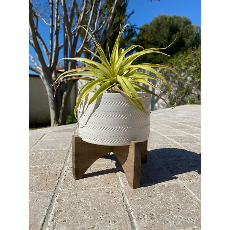 Mid-Century 5" Arrow Ceramic Planter on Wood Stand,Matte White