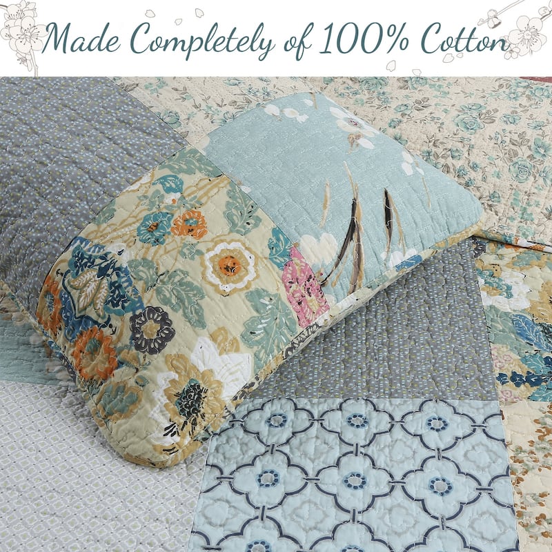 Cozy Line Sky Blue Floral Patens Ogee Patchwork Cotton Quilt Bedding Set
