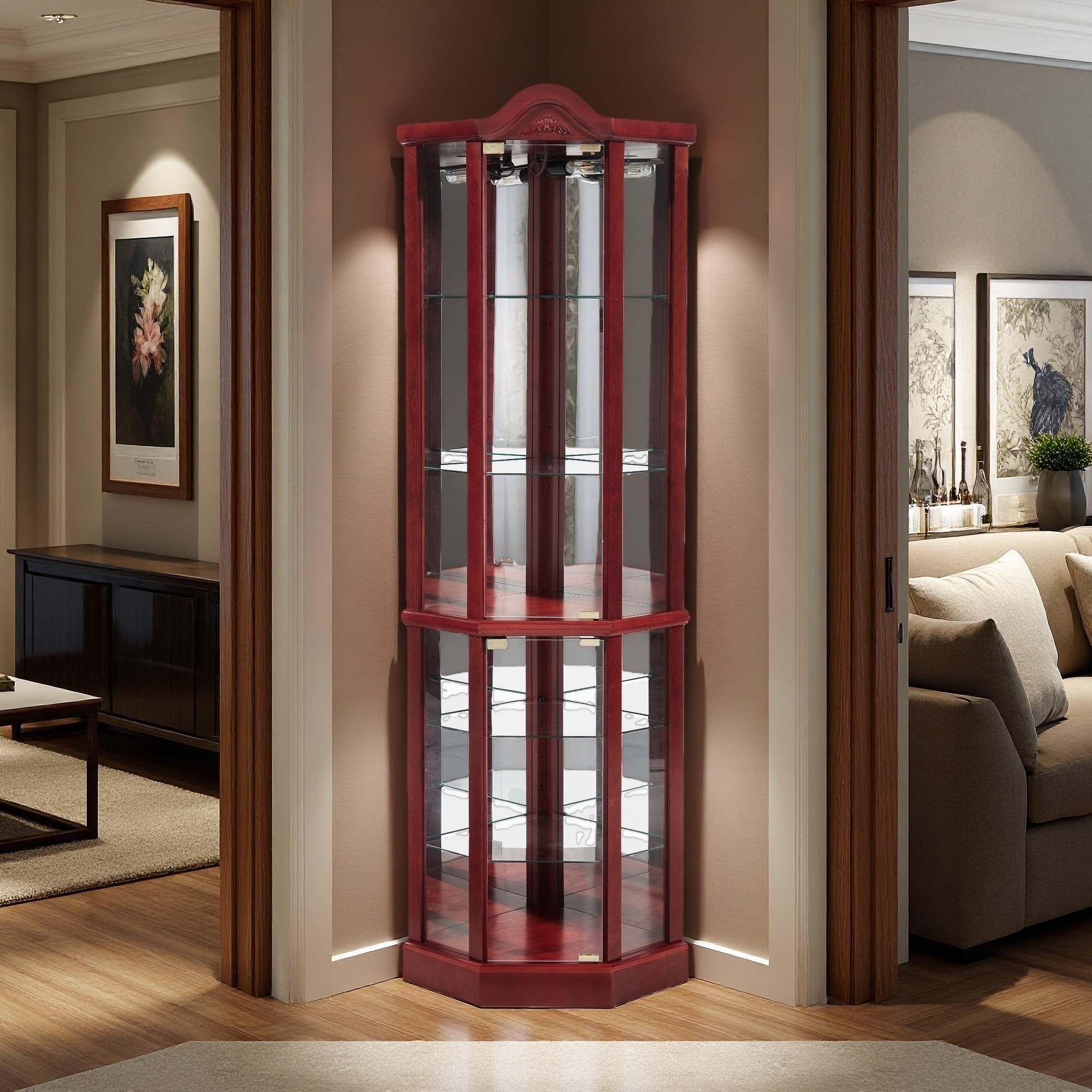 71.93"H Lighted Glass Display Cabinet with Carved Detail & Adjustable Shelves