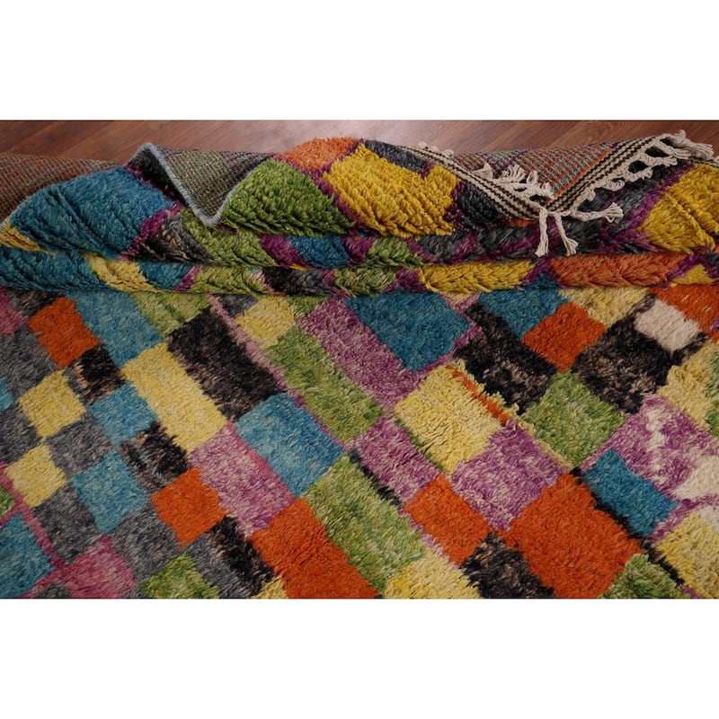 Colorful Checkered Moroccan Plush Area Rug Handmade Wool Carpet - 8'8" x 12'9"