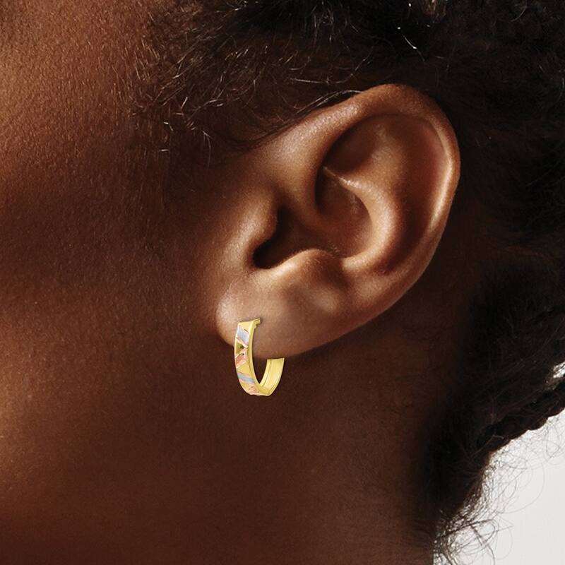 Curata 10k Tri-color Gold Satin Diamond-Cut Striped Huggies Hinged Earrings (3mmx21mm)