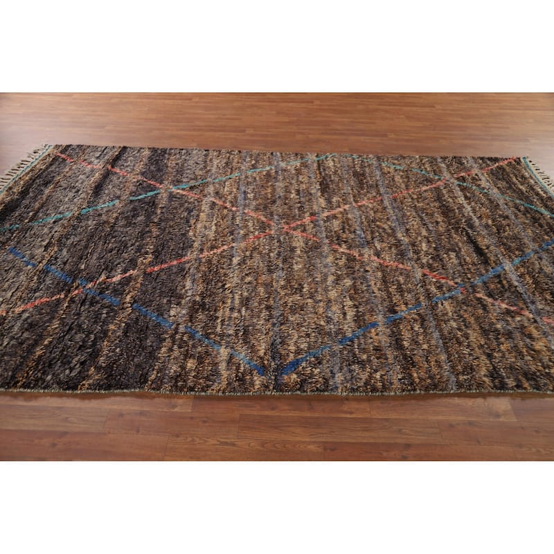 Brown Plush Moroccan Oriental Area Rug Hand-Knotted Wool Carpet - 6'1" x 10'0"