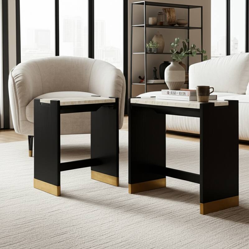 Stone and Acacia Wood Accent Tables with Travertine Top (Set of 2) - 22" x 14" x 24"