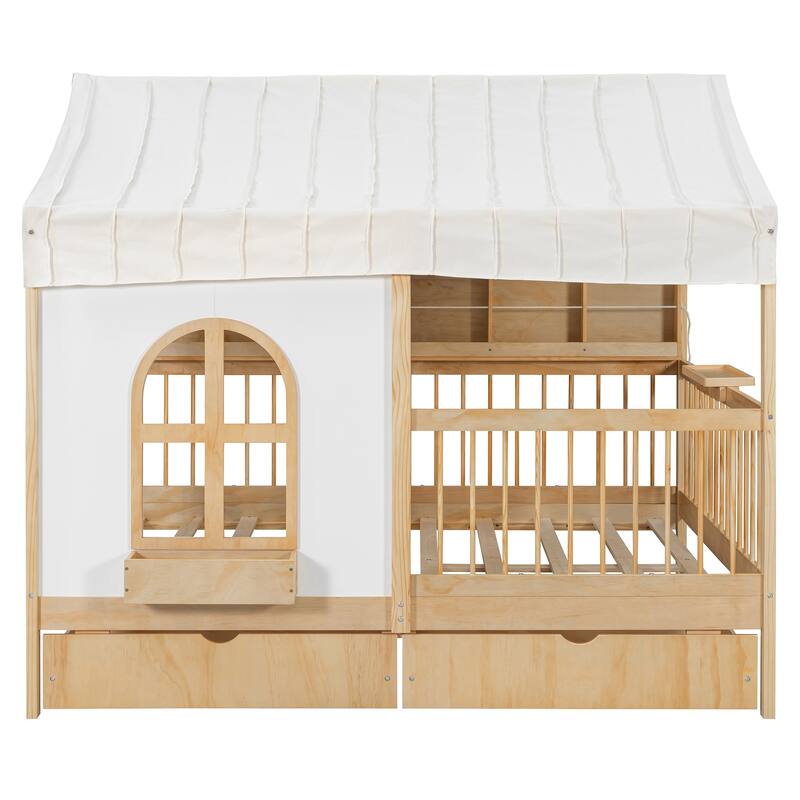 Kids Fence Platform Bed Full Size House Bed with Tent, Bookshelf, Light Strip, Charging Station, Shelves and Storage Drawers