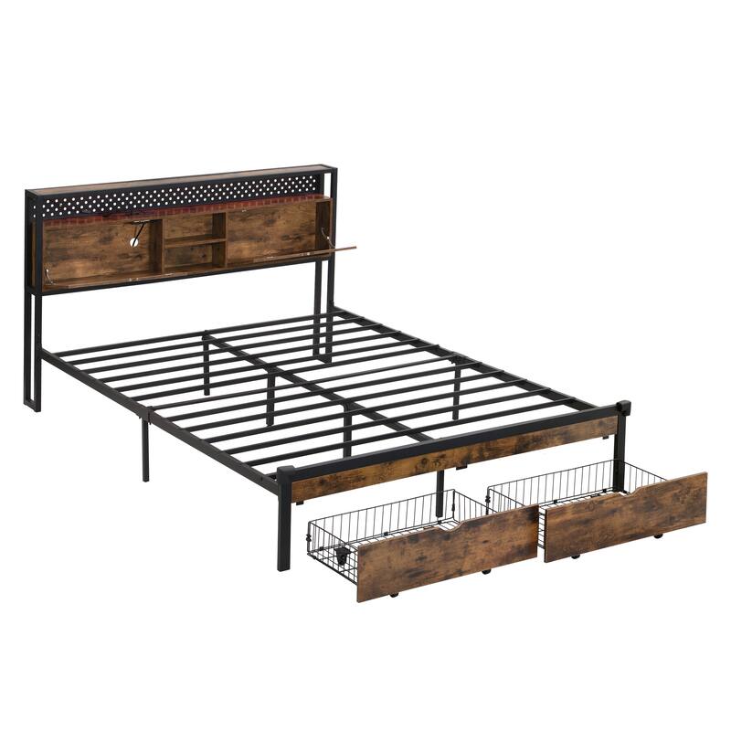 King Size Metal Platform Bed with Wooden Headboard, USB Charging Station, LED Lights, 2 Storage Drawers, No Box Spring Needed