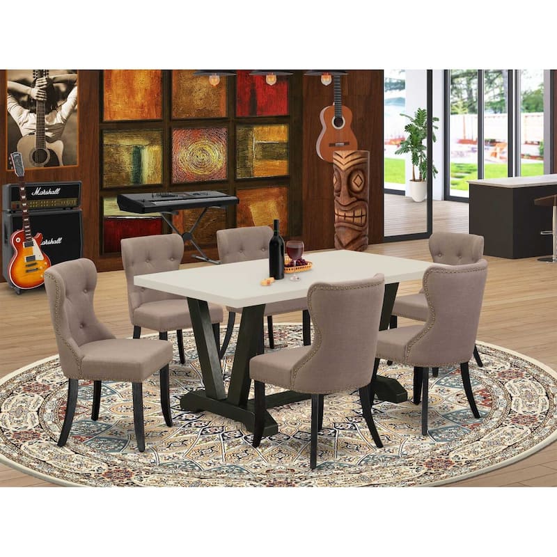 HomeStock 7-Pc Rectangle Natural Oak Finish Solid Wood Top Dining Table with 6 Chairs