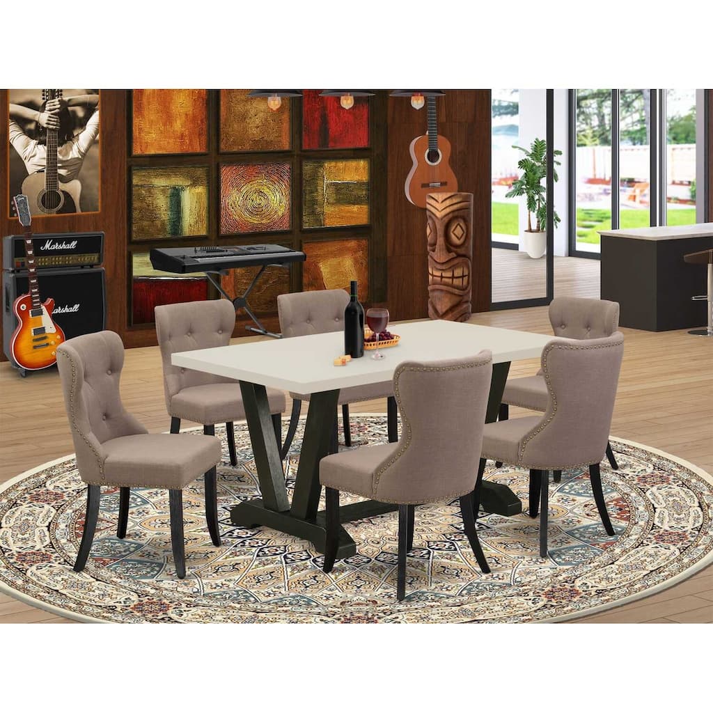 HomeStock 7-Pc Rectangle Natural Oak Finish Solid Wood Top Dining Table with 6 Chairs