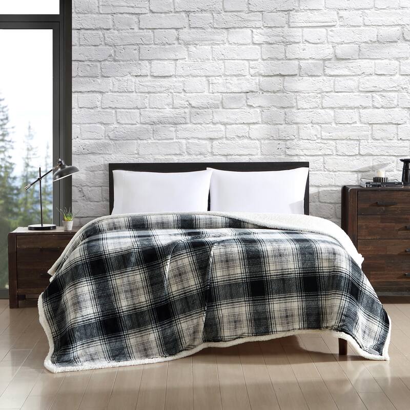 Eddie Bauer Printed Ultra Soft Plush/Sherpa Reversible Blanket - King - Vail Plaid Grey