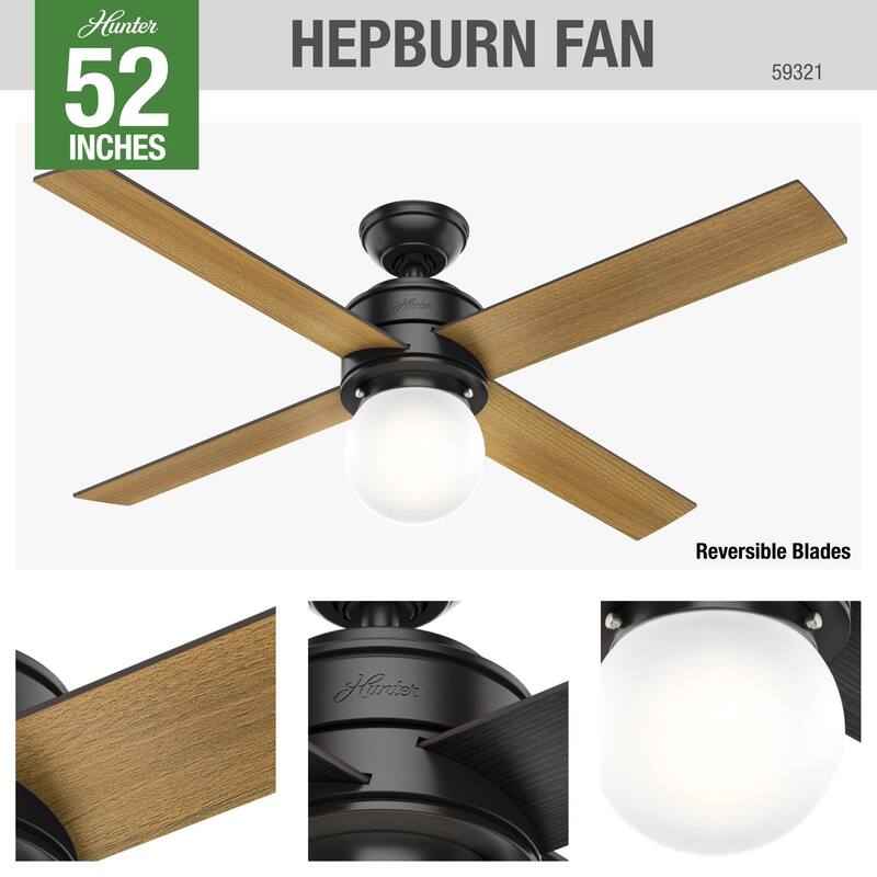 Hunter 52" Hepburn Ceiling Fan with LED Light Kit and Wall Control - Vintage, Mid-Century Modern, Transitional