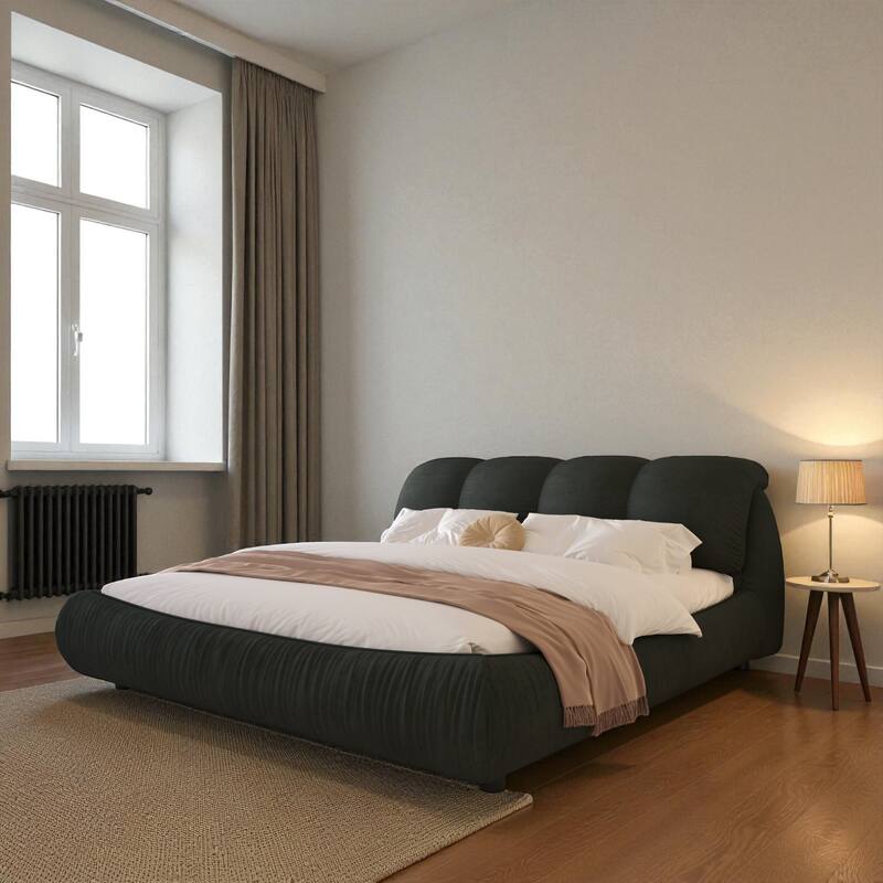 Queen/King Size Luxury Upholstered Platform Bed with Oversized Padded Headboard, Solid Wood Frame & Adjustable Mattress Height