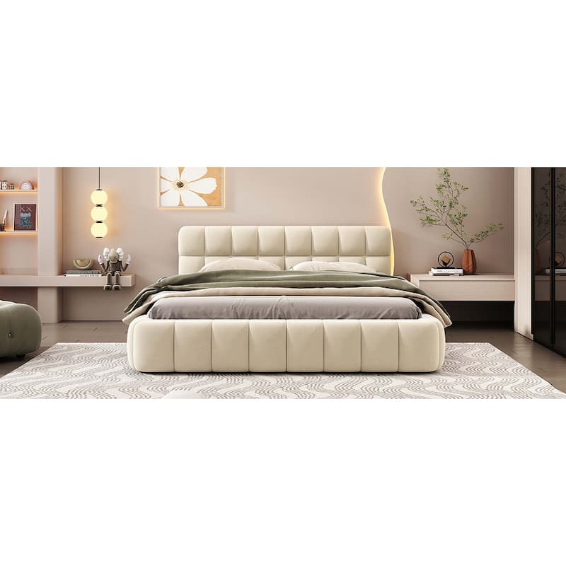 Queen Size Soid Wood Platform Bed with Thick Fabric