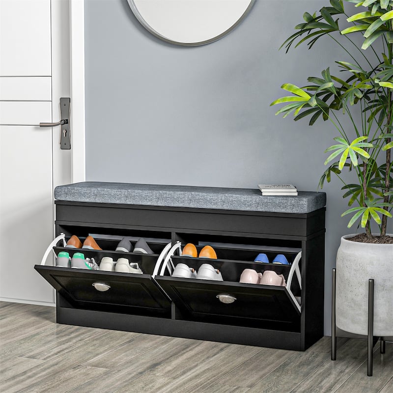 Modern Shoe Rack Bench with Cushion, 2 Drawers, Adjustable Shelf