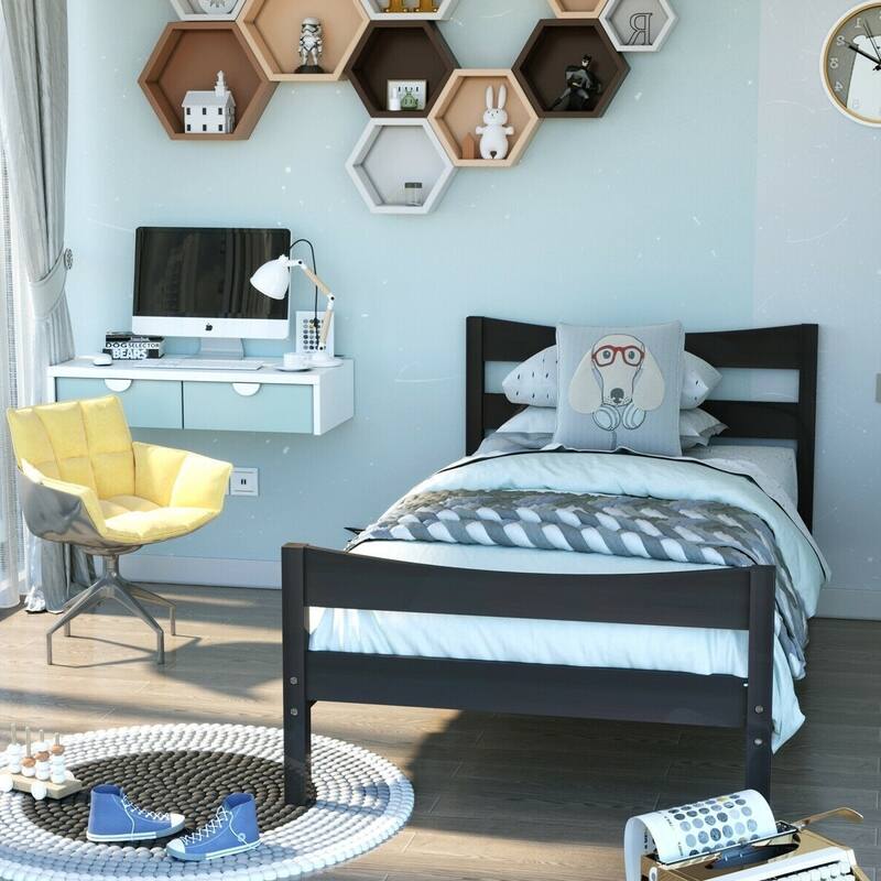 Espresso Pine Wood Twin Platform Bed with Slat Support and Underbed Storage