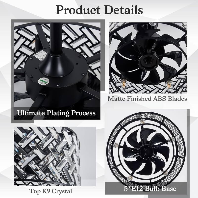 Sofucor 18" Bladeless Crystal Caged Ceiling Fan with Light,Remote,6 Speed Enclosed,Reversible Motor for Bedroom Living Room