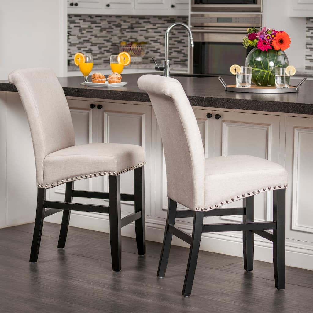 25" Contemporary Upholstered Counter Stools with Nailhead Trim (Set of 2), Wheat/Matte Black, Fabric