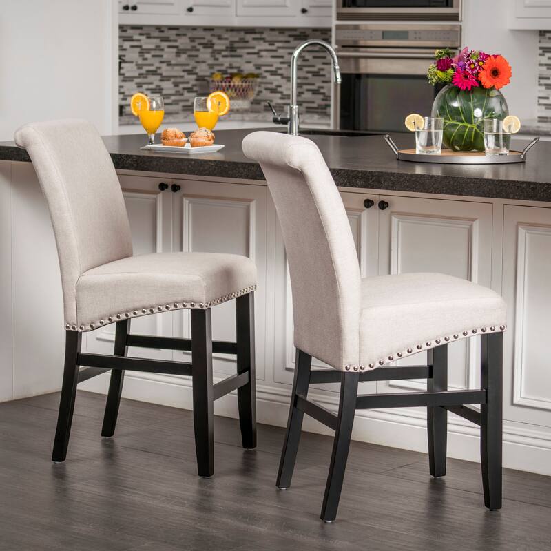 Roomfitters Contemporary Upholstered Counter Stools with Nailhead Trim, Wheat Fabric Set of 2