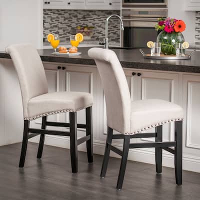 Wheat Barstools Set of 2 Fabric Upholstered Counter Stools with Nailhead Trim, Matte Black Rubberwood Legs and Metal Kickplate