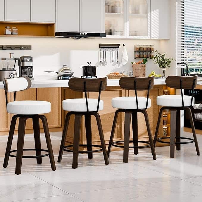 XINMICS 26 Inches Swivel Counter Height Bar Stools with Faux Leather Upholstered Pad Wood Back, Set of 2/3/4 - Set of 4 - White - Counter Height