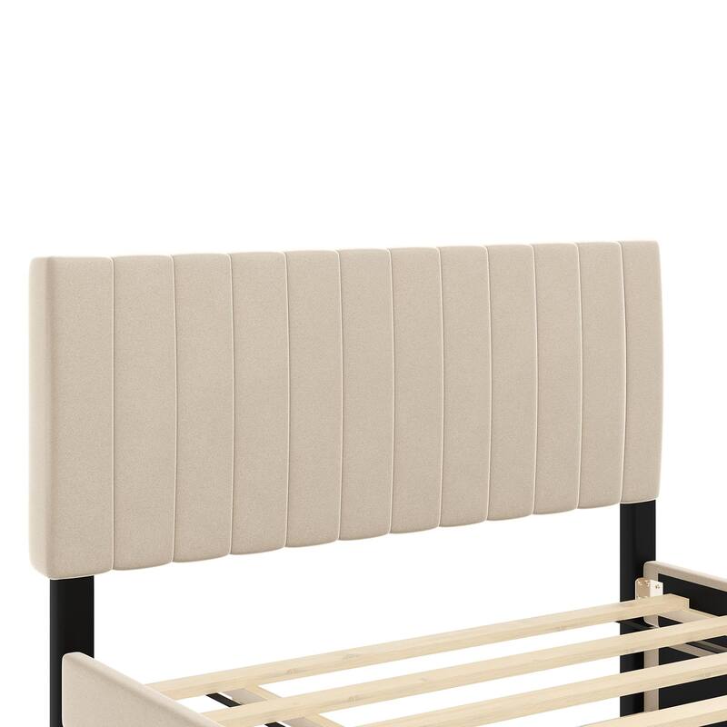 Full Size Bed Frame with Pull Out Twin Trundle Bed, Low Profile Velvet Upholstered Bed Platform Bed with Striped Headboard