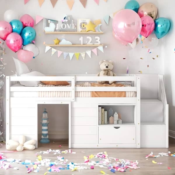 slide 2 of 33, Twin Multiple Functional Loft Bed,Solid Wood Twin Size Low Loft Bed With Stair, Drawer, and Shelf,Twin Low Loft Bed White