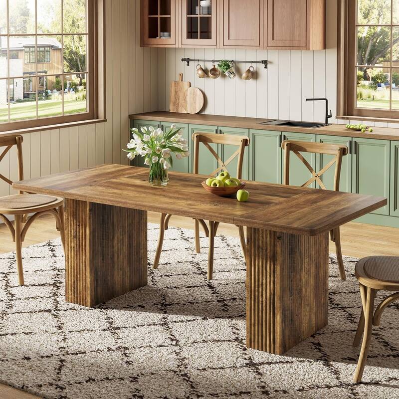 70.1'' Farmhouse Dining Table, Rustic Rectangle Wood Kitchen Table with Fluted Pedestal Base