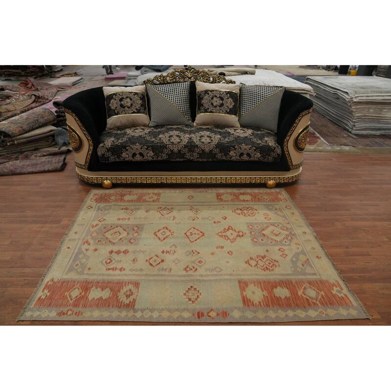 Hand Woven Oriental 100% Wool Carpet Southwestern Tribal Beige & Ivories Kilim Area Rug - 6' 5'' X 4' 11''