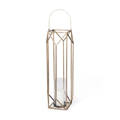 Ivy Large Gold Metal Geometric Cage w/Hanger Candle Holder Lantern