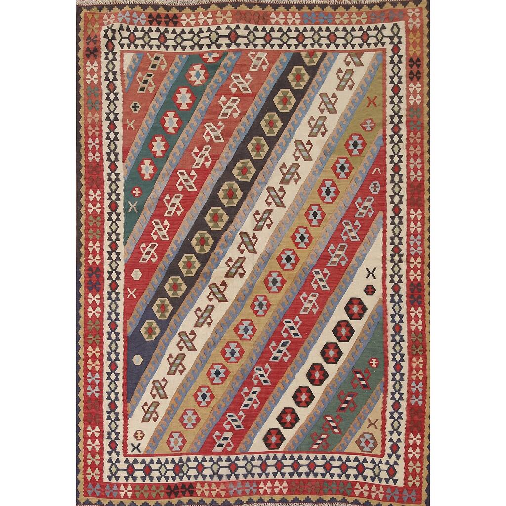 Vegetable Dye Flatweave Kilim Qashqai Persian Antique Area Rug - 5'1"x 7'0"