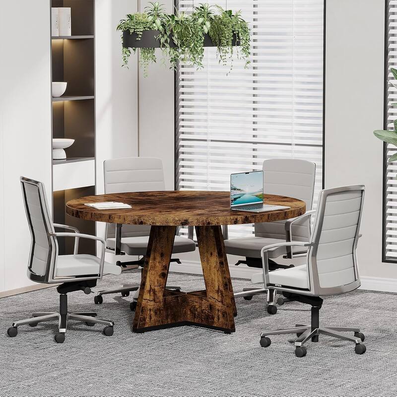 47" Round Conference Table Meeting Room Table with Thickened Top Wood Base Modern Training Desk for Conference/Seminar Room