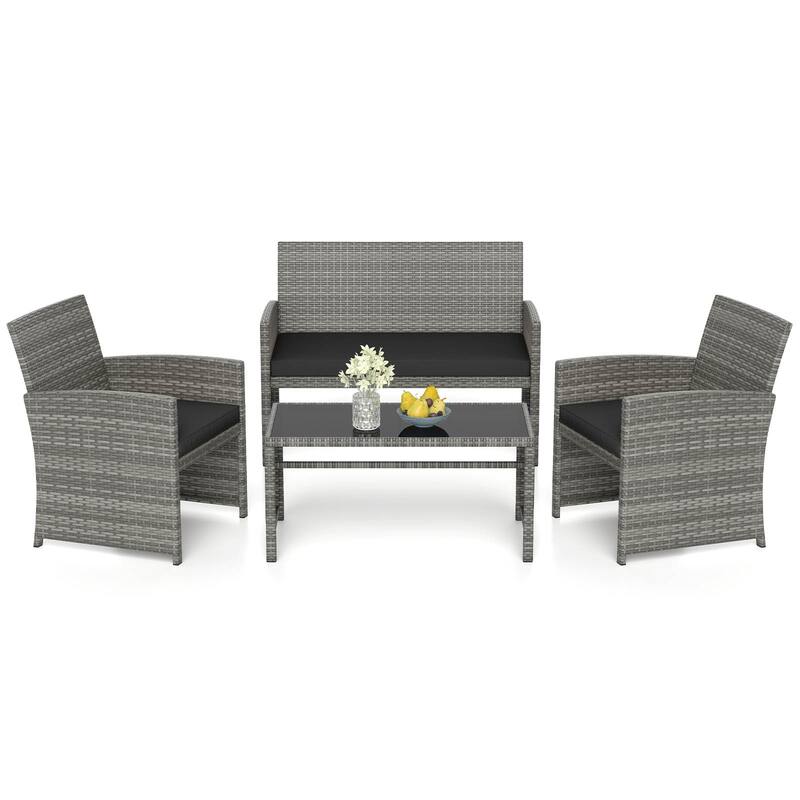 4 Piece Outdoor Patio Furniture Set Mix Gray PE Rattan Loveseat Armchairs and Tempered Glass Coffee Table with Cushions - Black