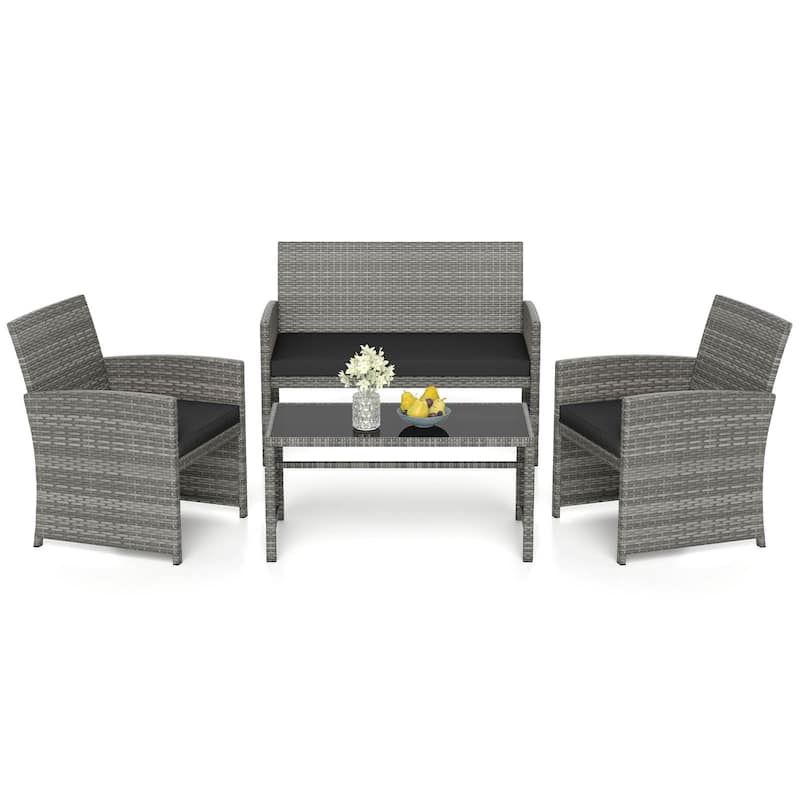 Gymax 4 Piece Patio Furniture Set Outdoor Wicker Conversation Set w/ - Black