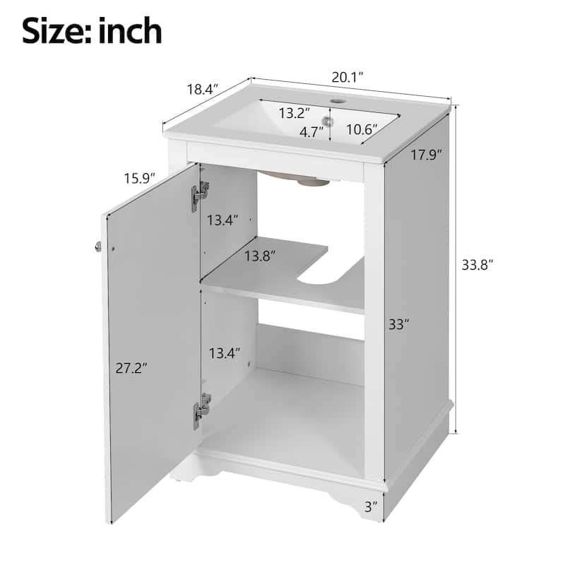 20 Inch Bathroom Vanity with Ceramic Sink, Freestanding Single Vanity Cabinet with Soft-Close Door and Adjustable Shelf