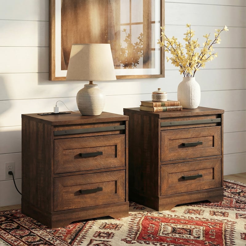 24.3-inch Tall Farmhouse Nightstand Set of 2 with Charging Station - Antique White