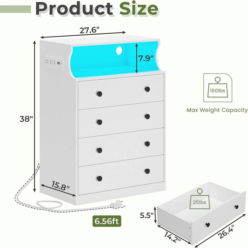 Dresser Charging Station 4 Drawers LED Dresser for Bedroom