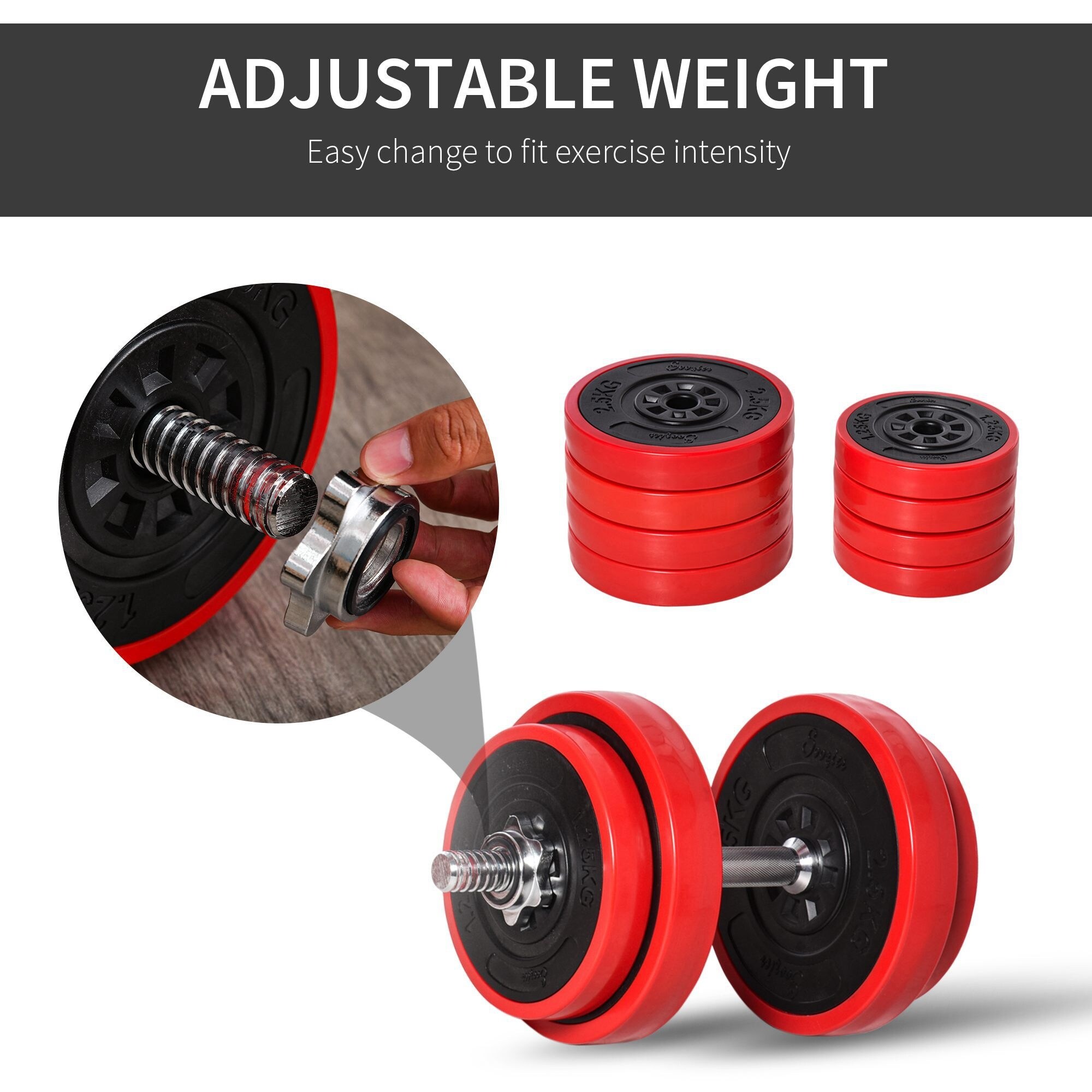 Soozier 44lbs Two In One Dumbbell Barbell Adjustable Set Strength Muscle Exercise Fitness Plate Bar Clamp Rod Home Gym Sports Red