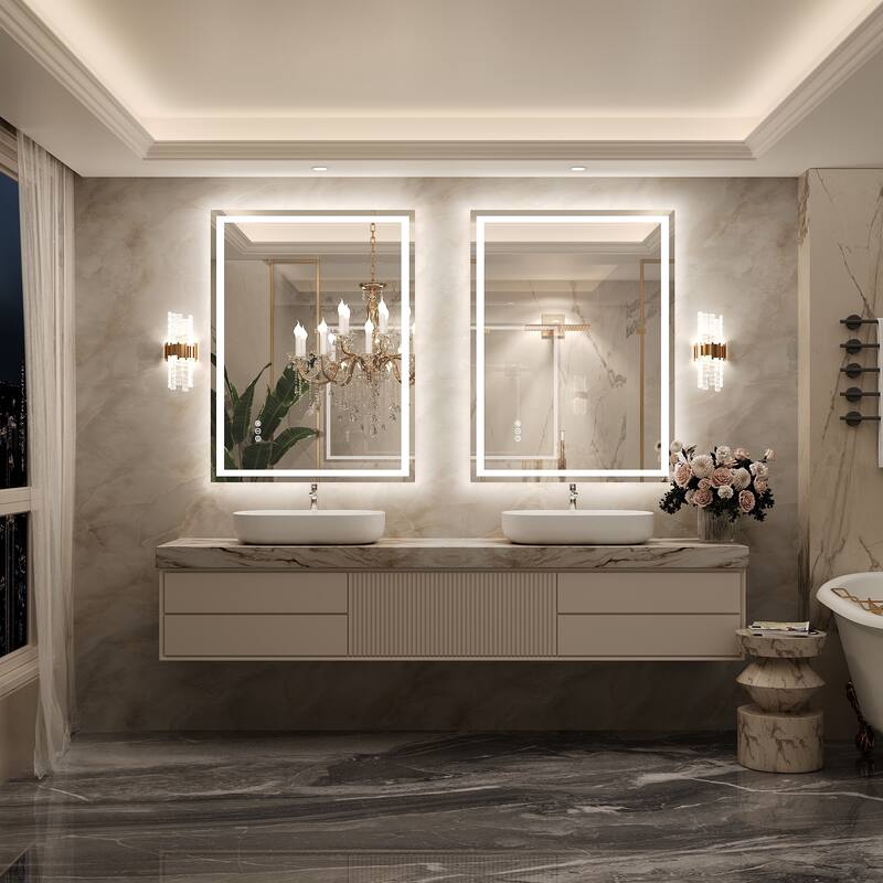 Frameless LED Front Light and Backlit 3 Colors Dimmable Anti-Fog Wall Bathroom Vanity Mirror