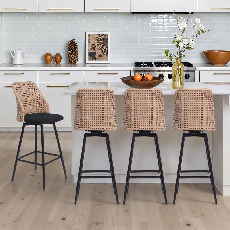 Chenille Counter Height Swivel Bar Stools Rattan Back with Metal Legs