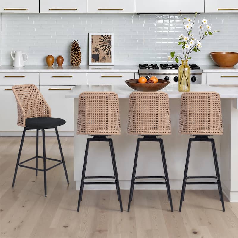 Modern Wicker 27" Upholstered Counter Bar Stool With Back Set of 4