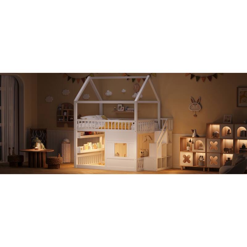 Roomfitters Full Size Wood House Loft Bed with Storage Stairs and Built-in Shelving, Modern Space-Saving Sleep Space