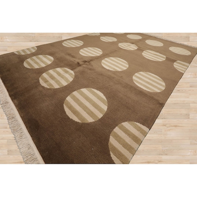 Hand Knotted Tibetan Olive Geometric Wool & Silk Art Deco Area Rug - 5' 11'' x 8' 10''