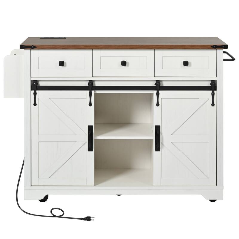 53.7'' Particle Board Farmhouse Kitchen Island with Power Outlet, Drop Leaf, Spice Rack, Rolling Wheels and Drawers