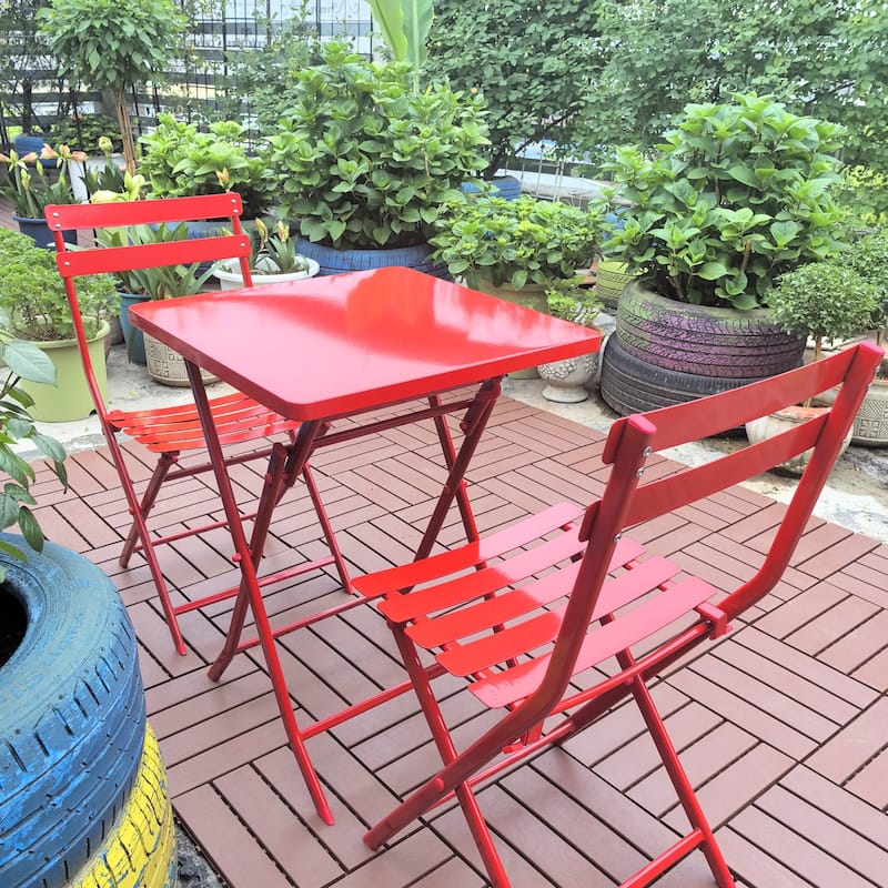 3 Piece Outdoor Patio Bistro Set of Foldable Square Table and Chairs, Red