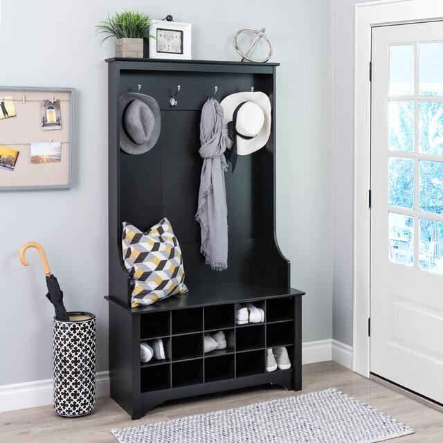 Prepac Hall Tree with Bench and Shoe Storage - 38" Wide Hall Tree with 15 Shoe Cubbies - durable black