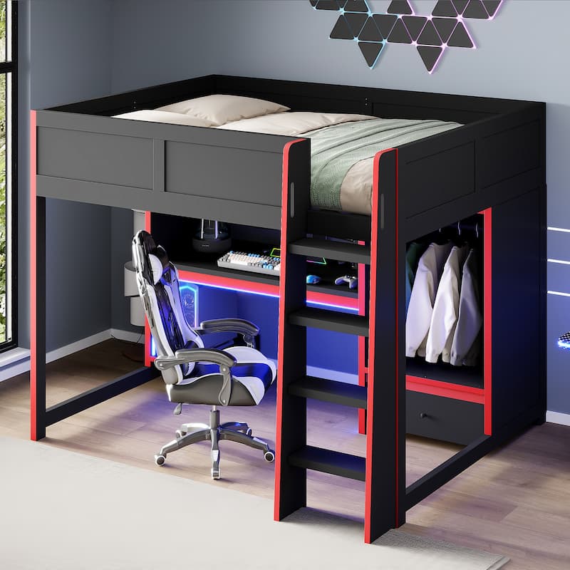Esports Gaming Bed LED Gaming Loft Bed with Wardrobe, Drawer, Desk with PC Tower Holder Underneath for Gaming Hotel Gaming Room