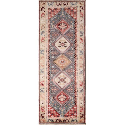Gray Geometric Kazak Indian Runner Rug Hand-Knotted Wool Carpet - 2'6"x 8'2"