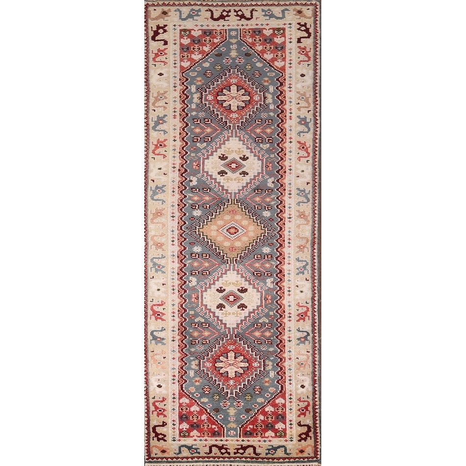 Gray Geometric Kazak Indian Runner Rug Hand-Knotted Wool Carpet - 2'6"x 8'2"