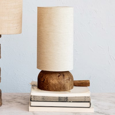 Reclaimed Wood Table Lamp with Printed Cotton Chambray Shade - 10.0"L x 7.0"W x 16.0"H