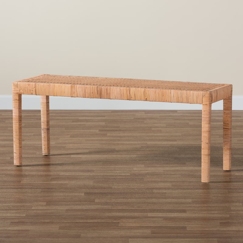 Abelia Modern Bohemian Natural Rattan and Mahogany Wood Accent Bench