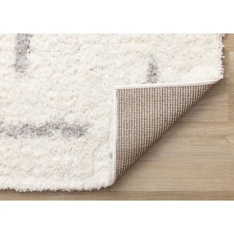 Cream Gray Neutral Lines Soft Shag Area Rug, 5'3" x 7'7"